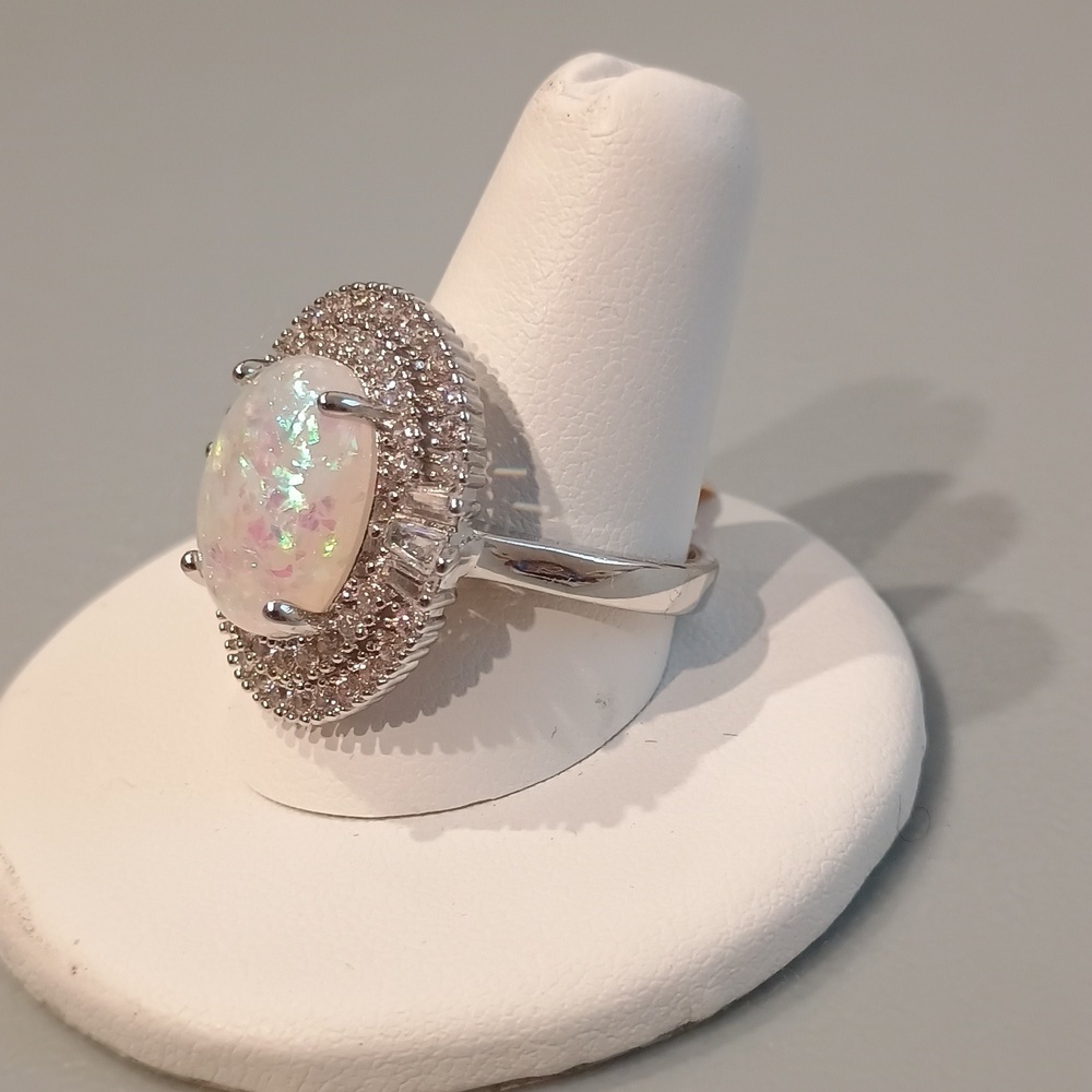 Oval Opal Cocktail Ring With Imitation Rhodium & CZ Halo size 6-10 - Picture 8 of 8